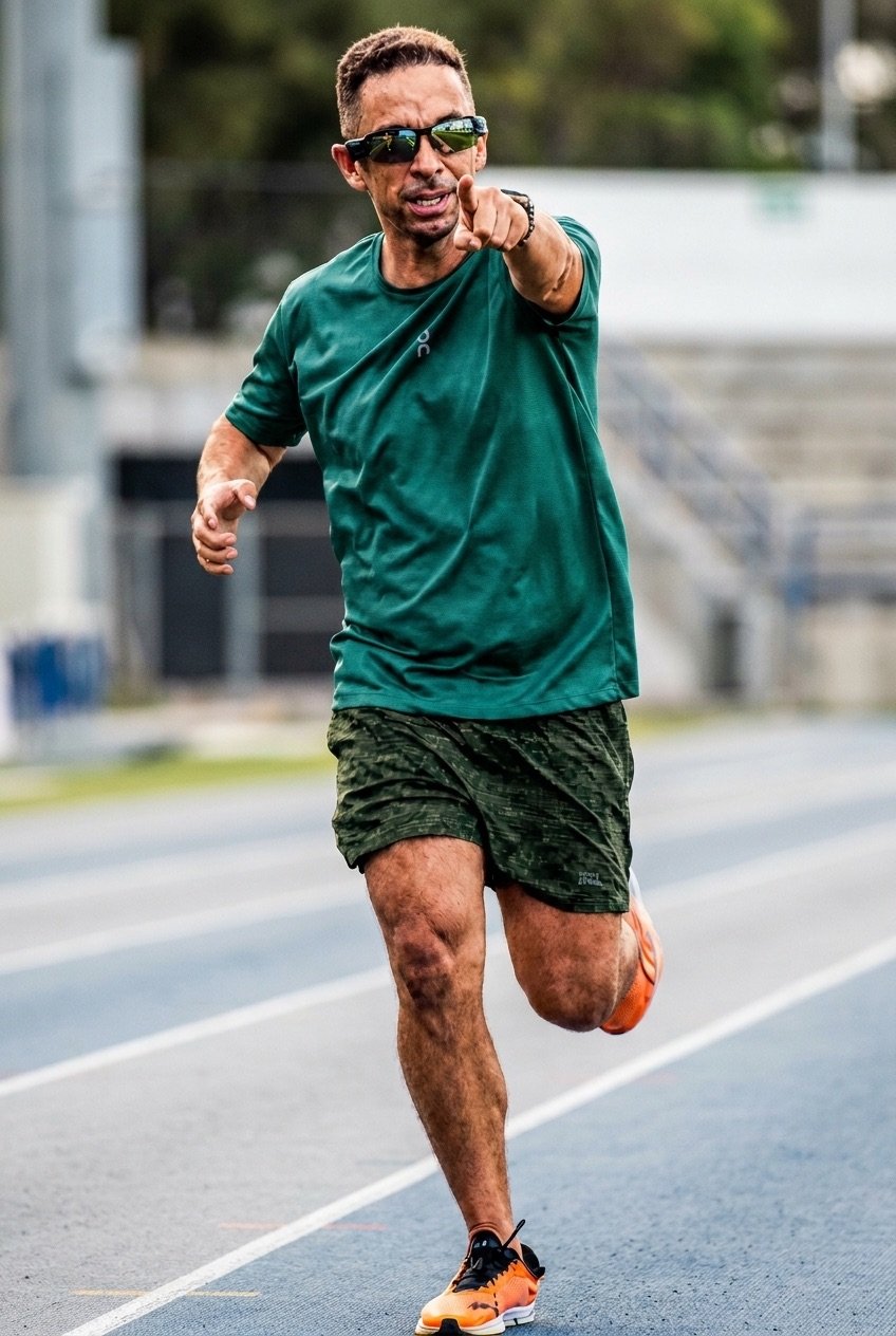 Rodrigo Carvalho correndo em uma pista de atletismo, apontando para a câmera